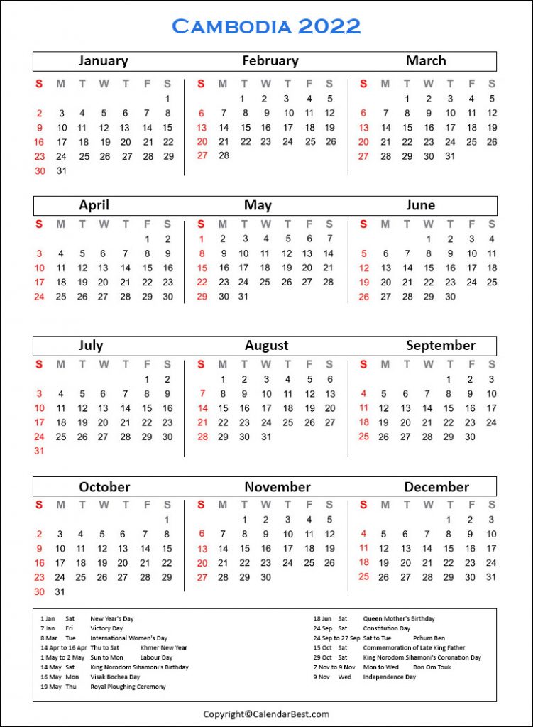 Printable Cambodia Calendar 2022