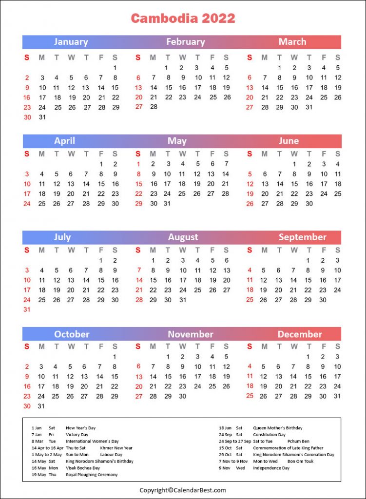 Cambodia Holiday Calendar 2022