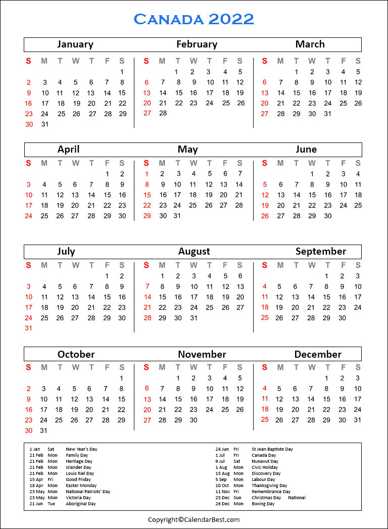 Canada Calendar 2022 Free Printable Canada Calendar 2022 With Holidays