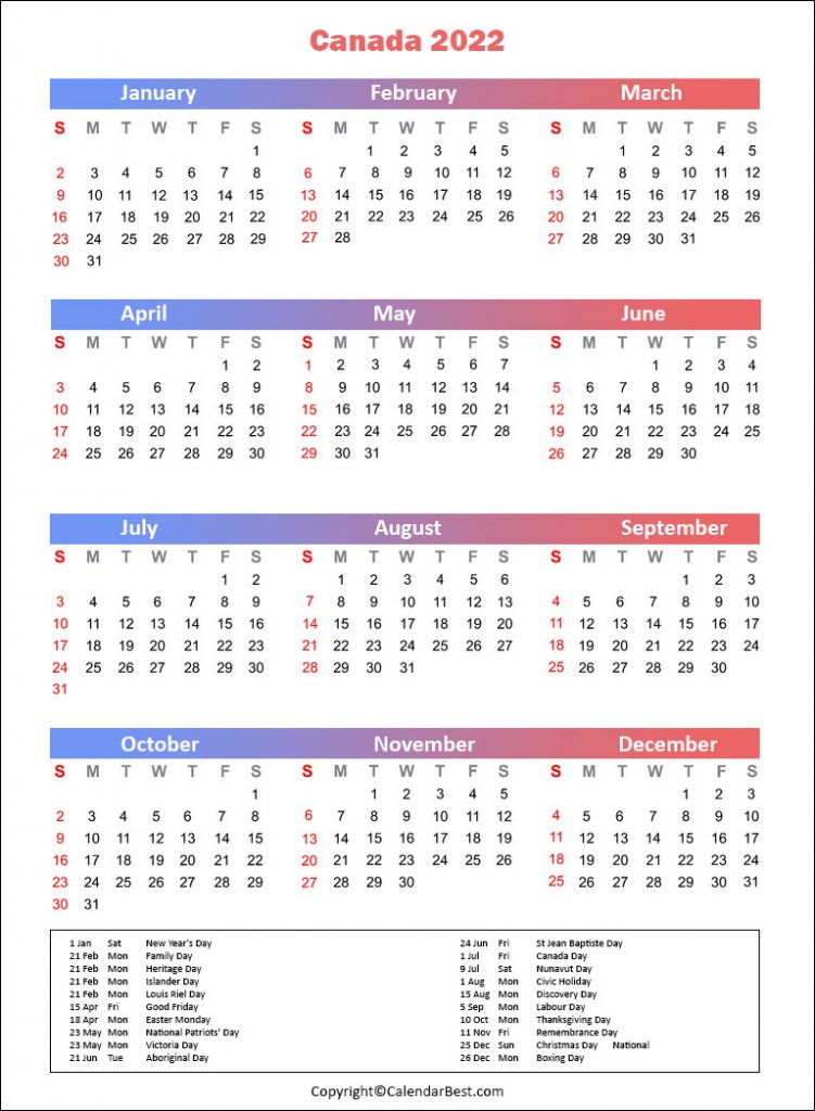 Canada Holiday Calendar 2022