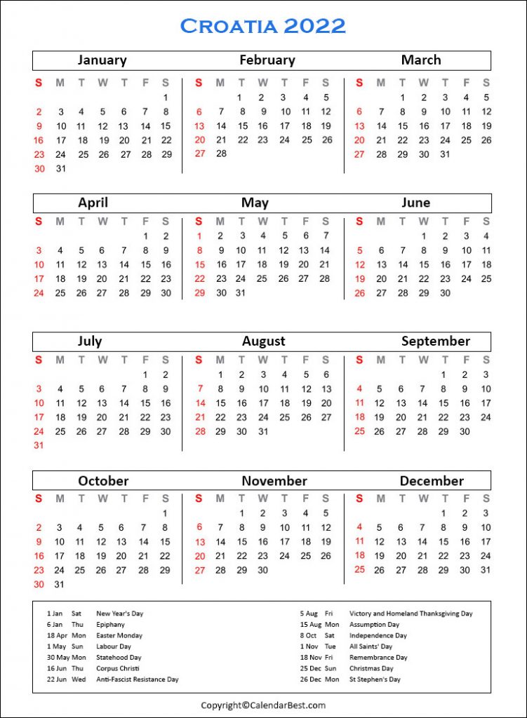  Croatia Calendar 2022 Printable