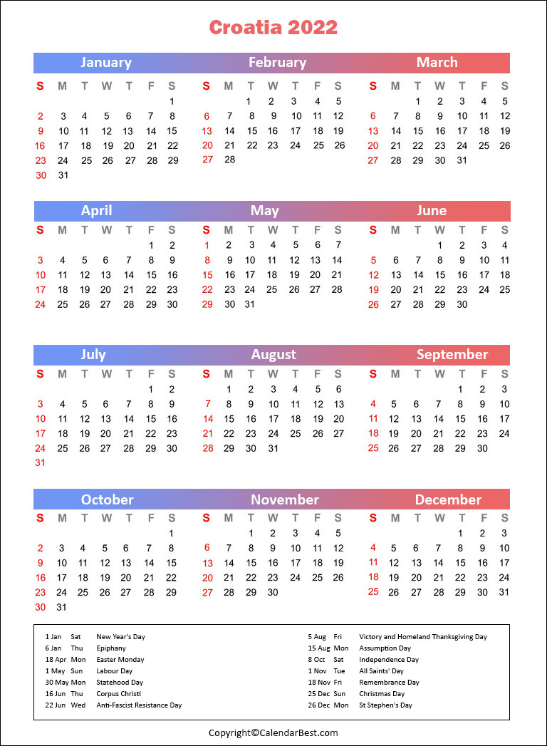 Free Printable Croatia Calendar 2022 With Holidays