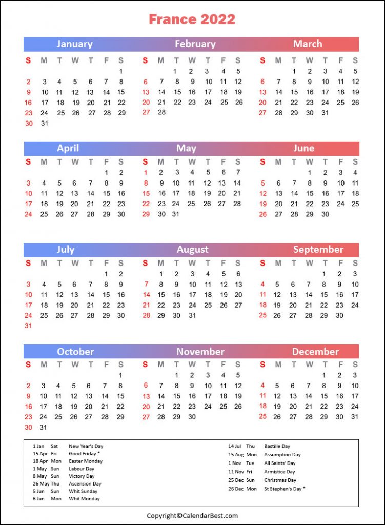 Printable France Calendar 2022