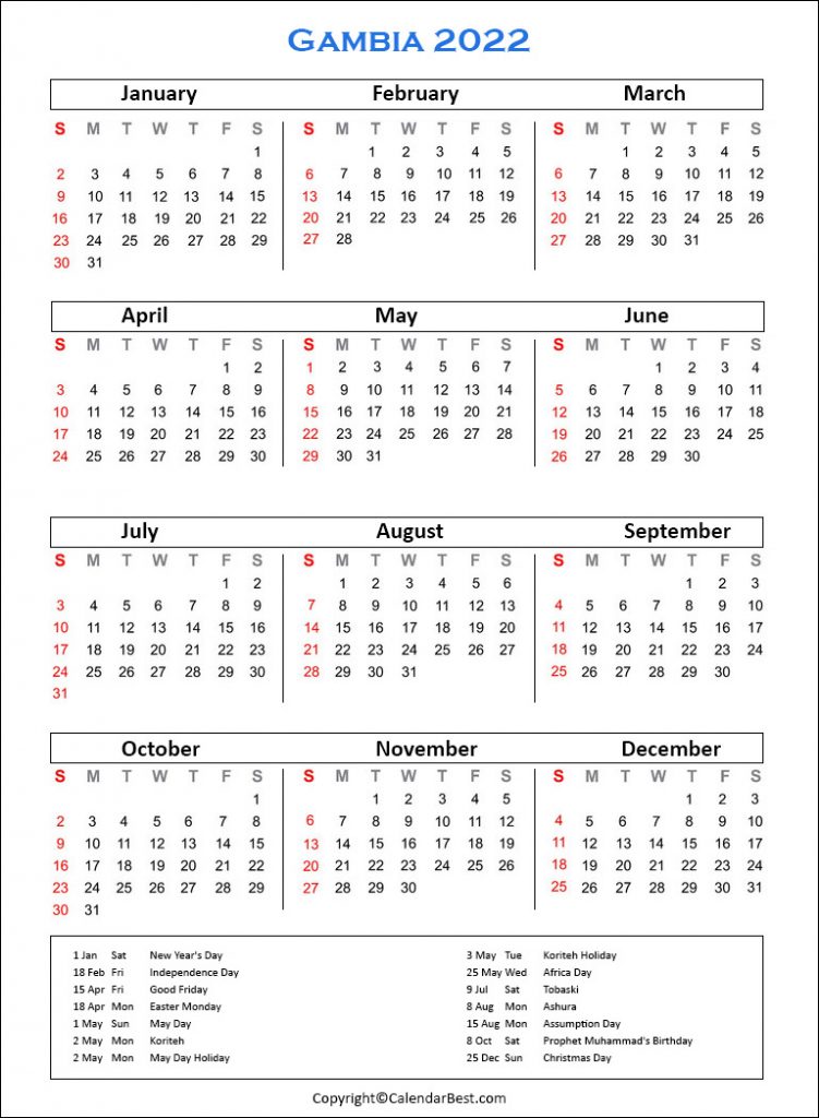 Gambia Holiday Calendar 2022