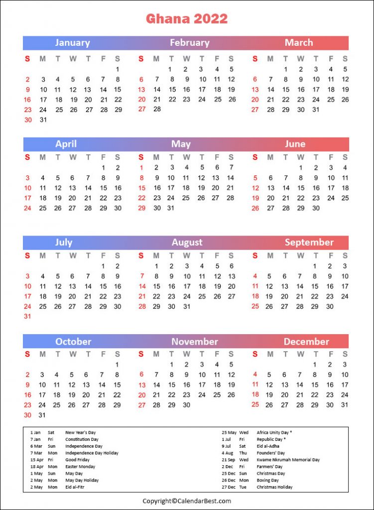 Ghana Holiday Calendar 2022