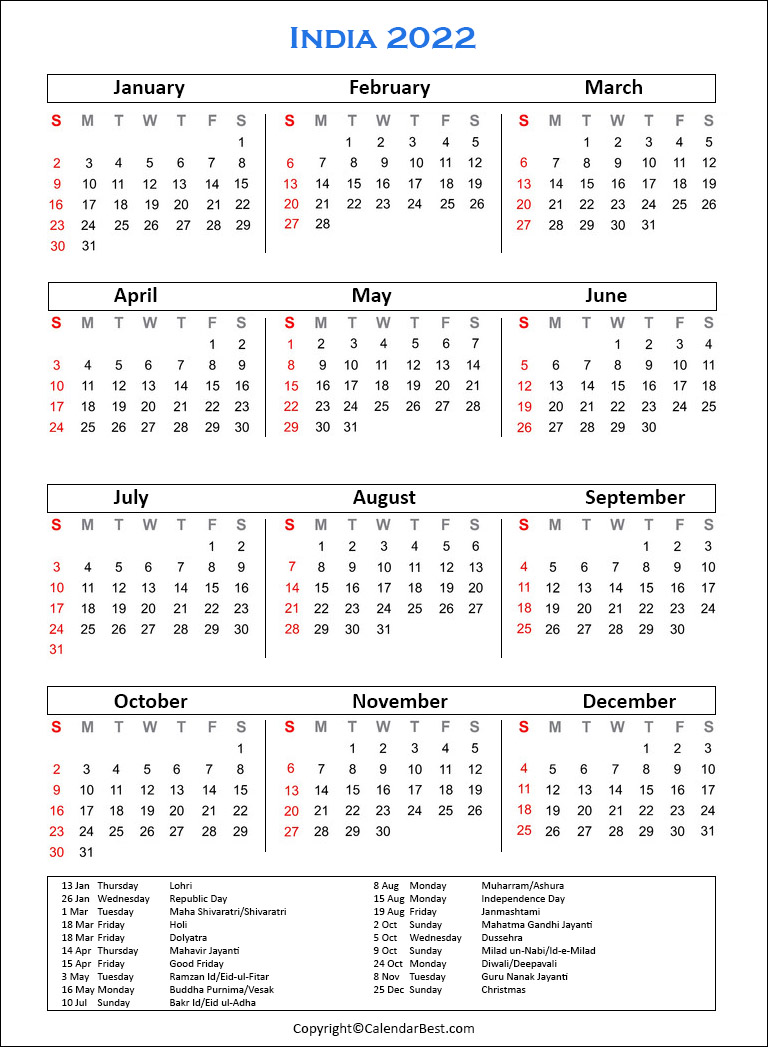 Free Printable India Calendar 2022 With Holidays