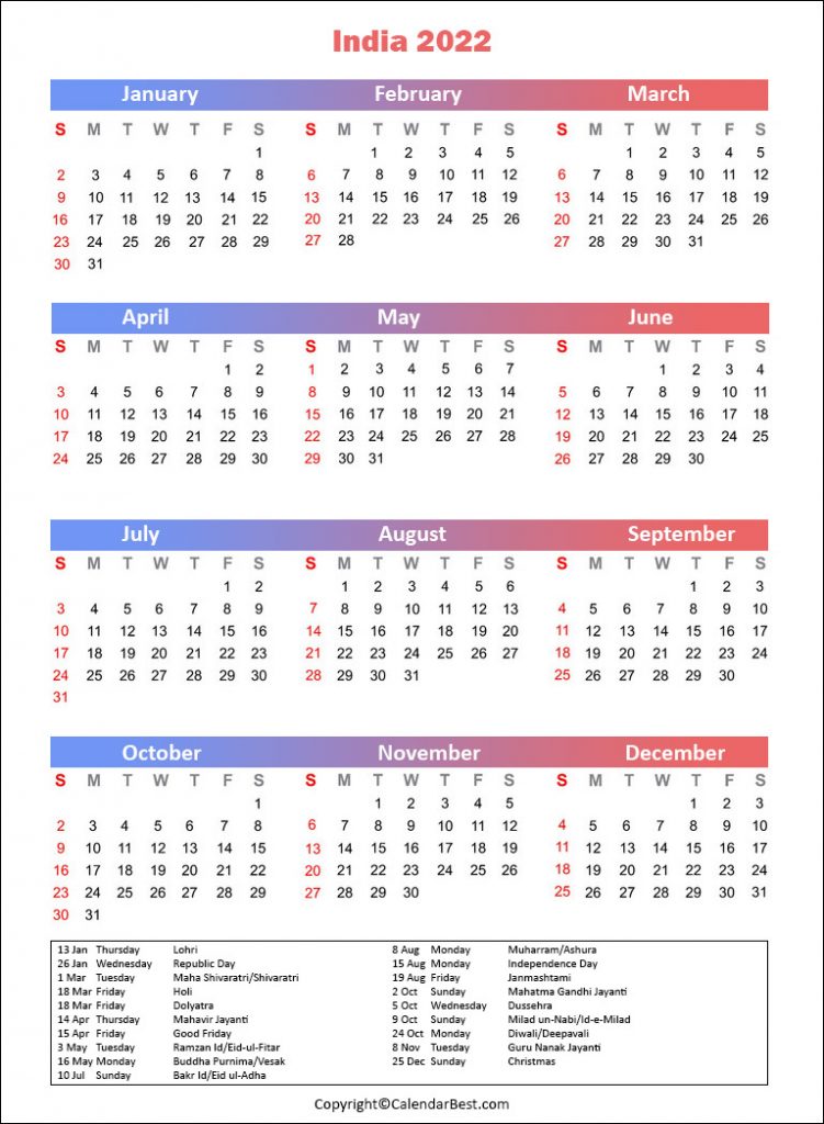 India Holiday Calendar 2022