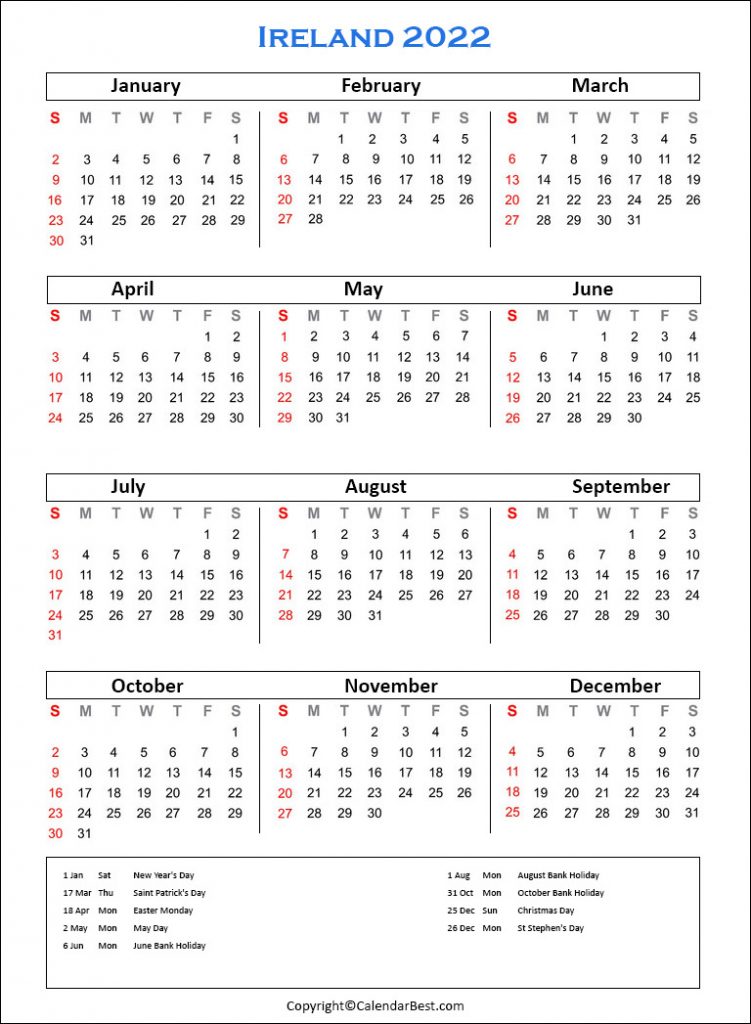Ireland Calendar 2022