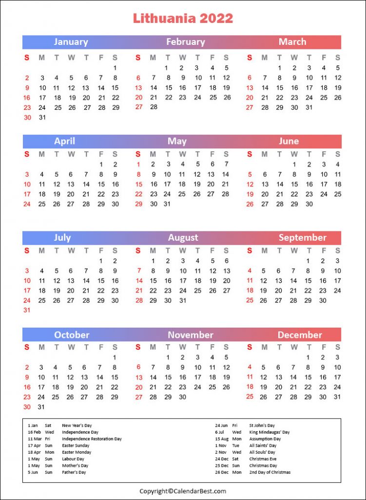 Lithuania Holiday Calendar 2022