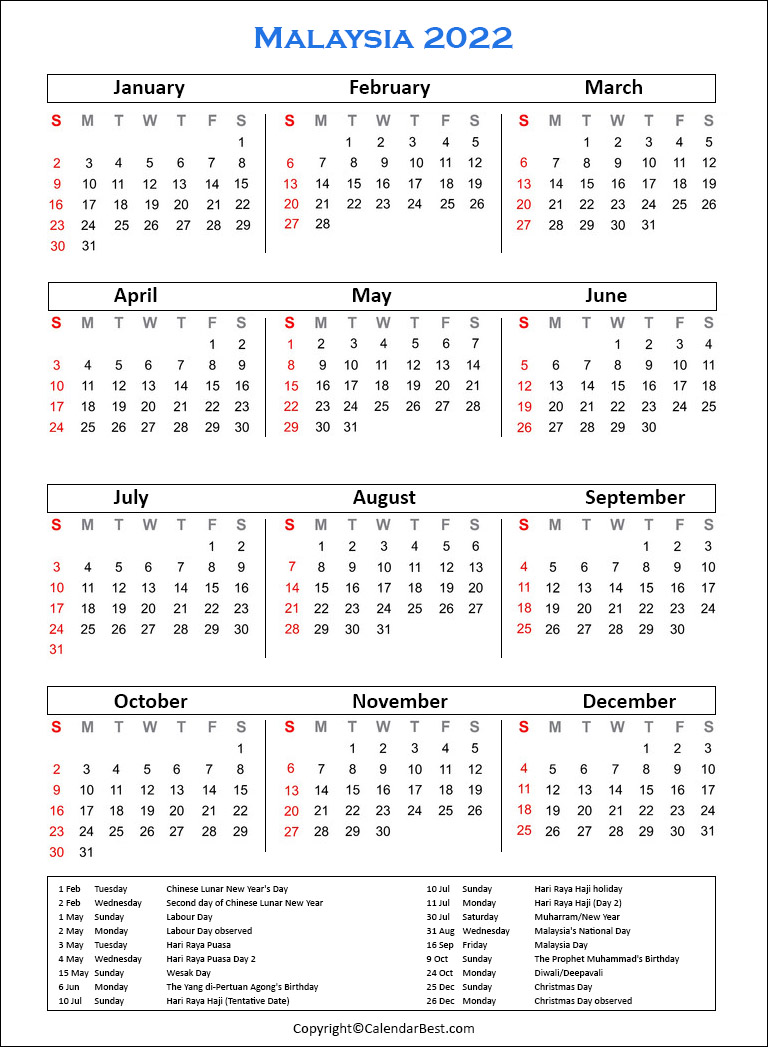 Malaysia Calendar 2022 Free Printable Malaysia Calendar 2022 With Holidays