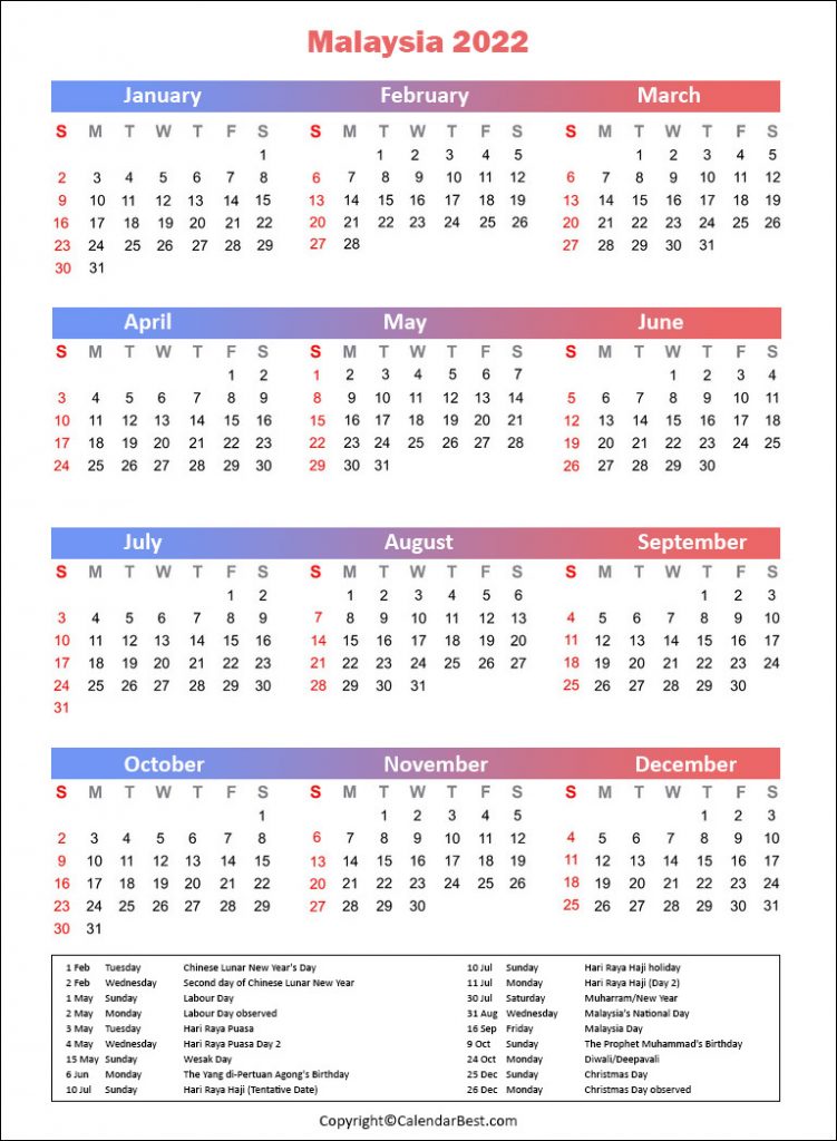 Malaysia Holiday Calendar 2022