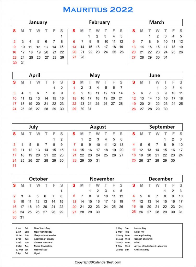 Mauritius Calendar 2022