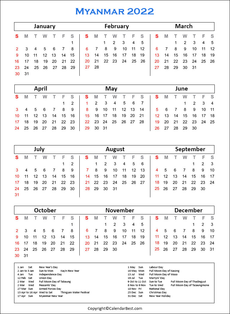 Myanmar Calendar 2022 Free Printable Myanmar Calendar 2022 With Holidays