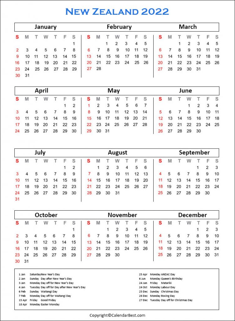 New Zealand Holiday Calendar 2022