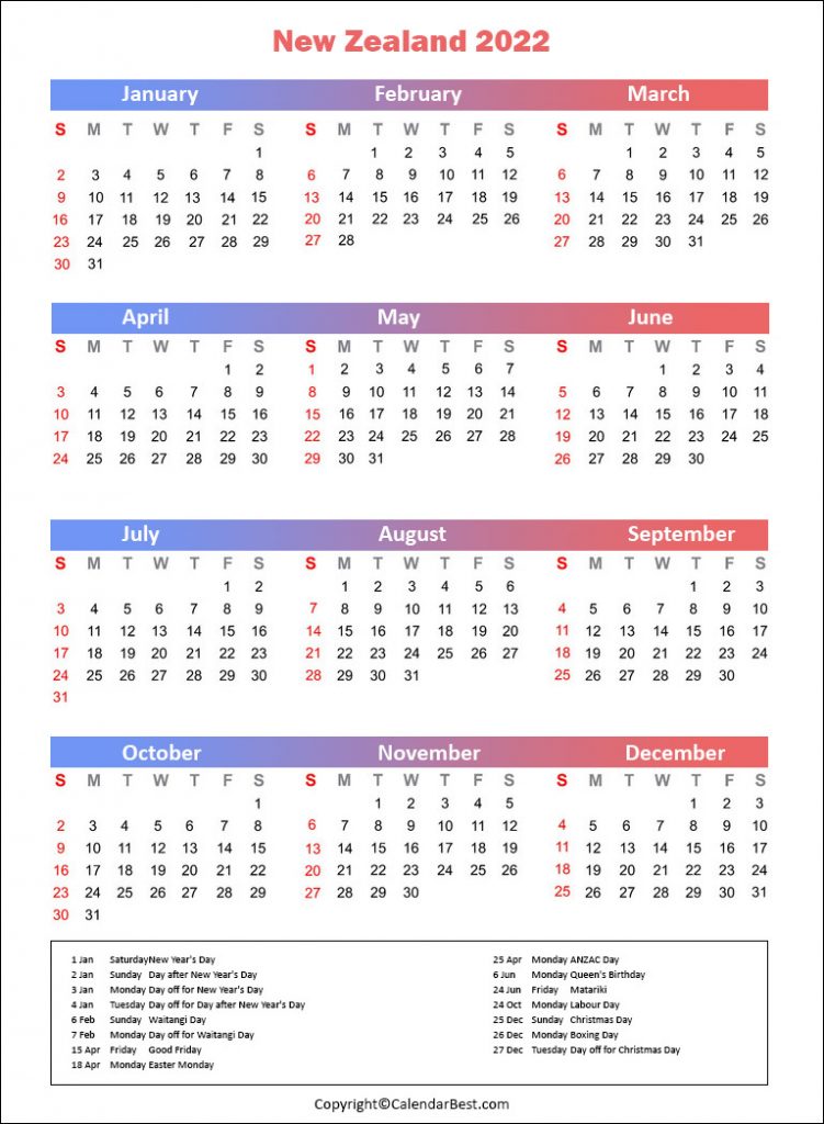 Printable New Zealand Calendar 2022