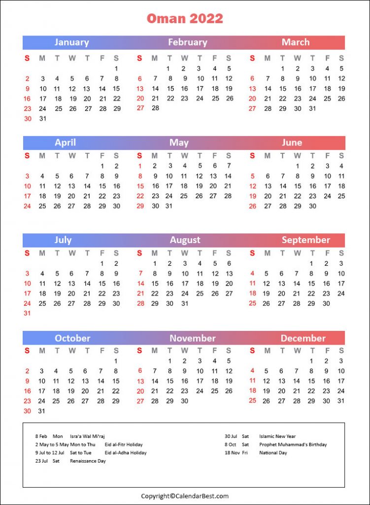 Oman Holiday Calendar 2022