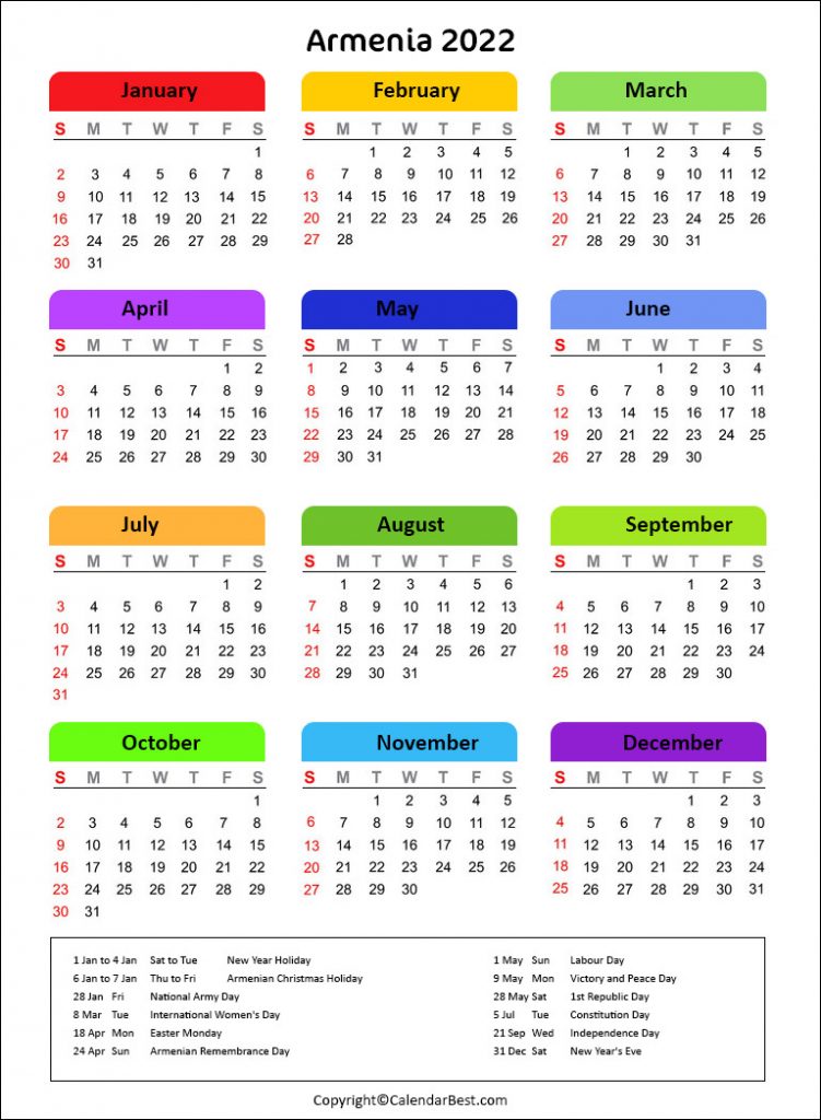 Printable Armenia Calendar 2022