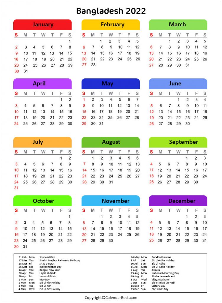 Printable Bangladesh Calendar 2022