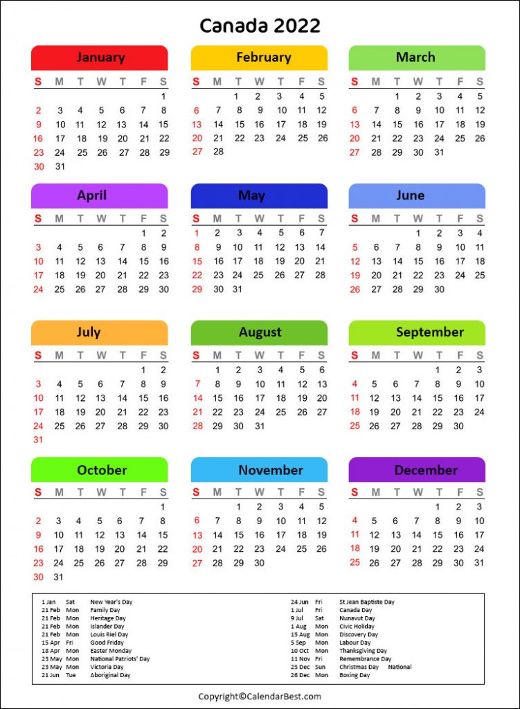 Printable Calendar 2022 Canada