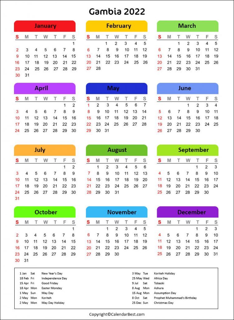 Printable Gambia Calendar  2022