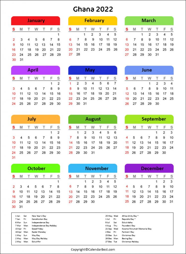 Printable Ghana Calendar 2022