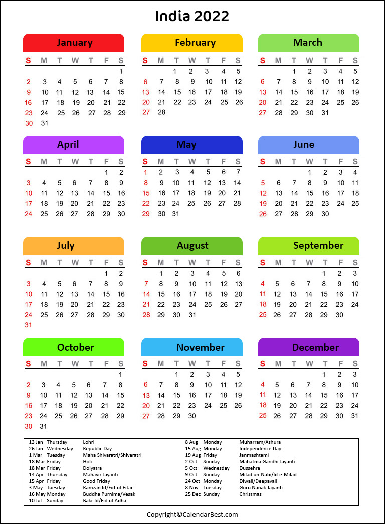 Free Printable India Calendar 2022 With Holidays
