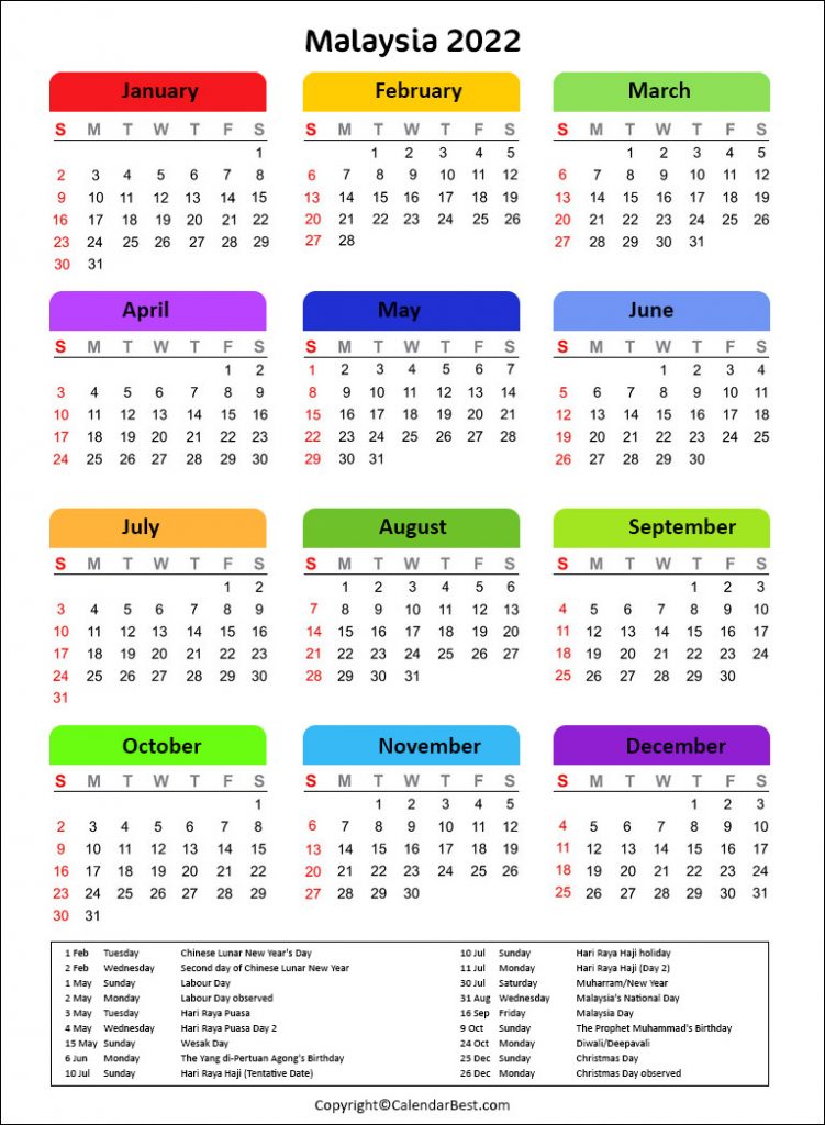Printable Calendar 2022 Malaysia
