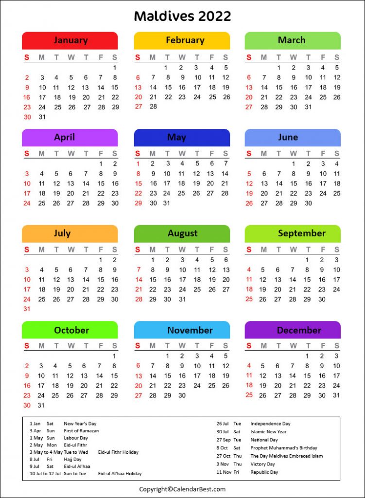 Printable Maldives Calendar 2022 