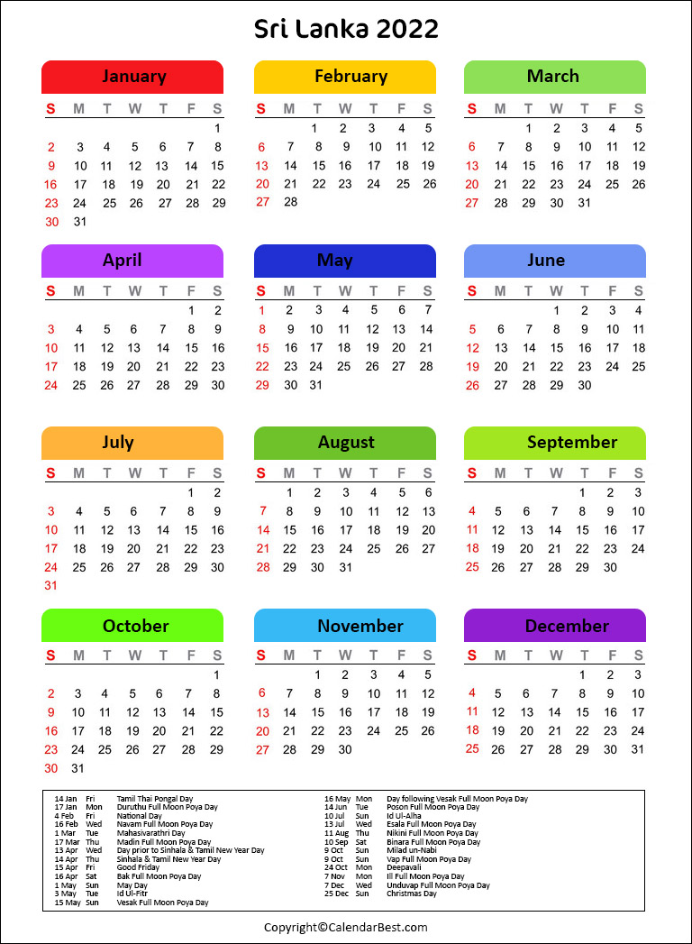 Sri Lanka Calendar 2022 Sri Lanka Holiday 2022 | Best Printable Calendar
