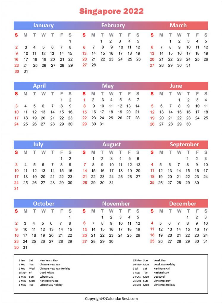 Singapore Holiday Calendar 2022