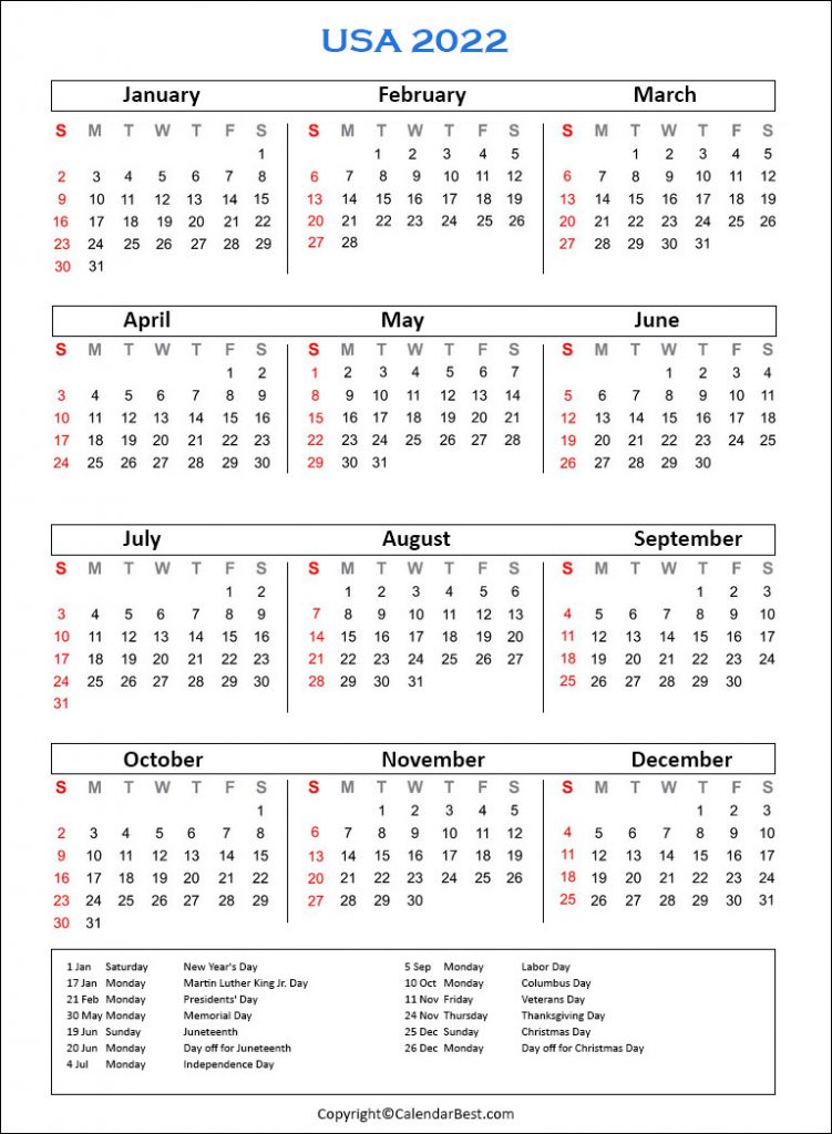 Printable USA Calendar 2022 