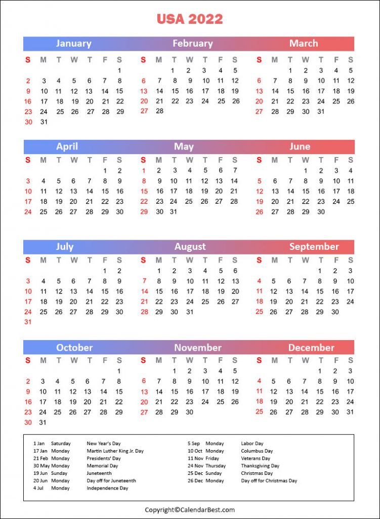 USA Holiday Calendar 2022