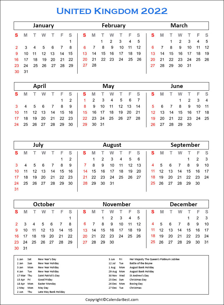 Free Printable UK Calendar 2022 With Holidays