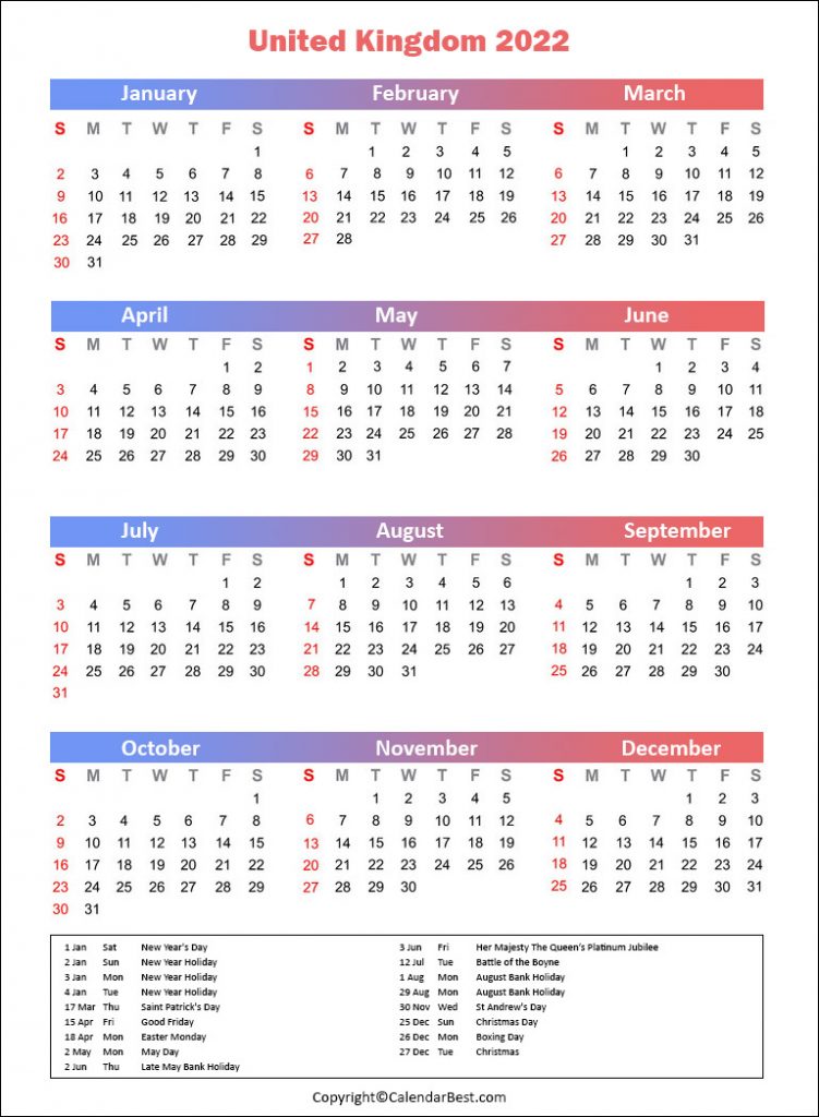 UK Calendar 2022 Printable