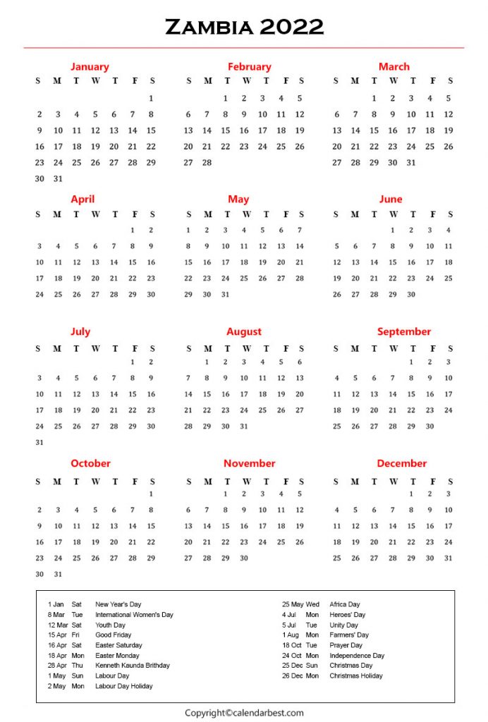 Printable Calendar 2022 Zambia