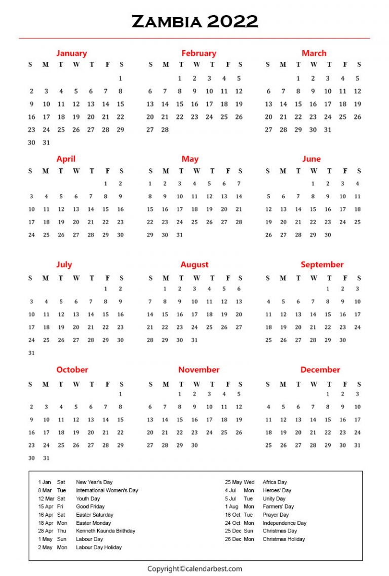 Free Printable Zambia Calendar 2022 With Holidays