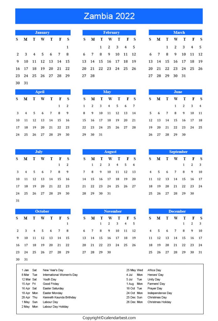 Zambia Holiday Calendar 2022