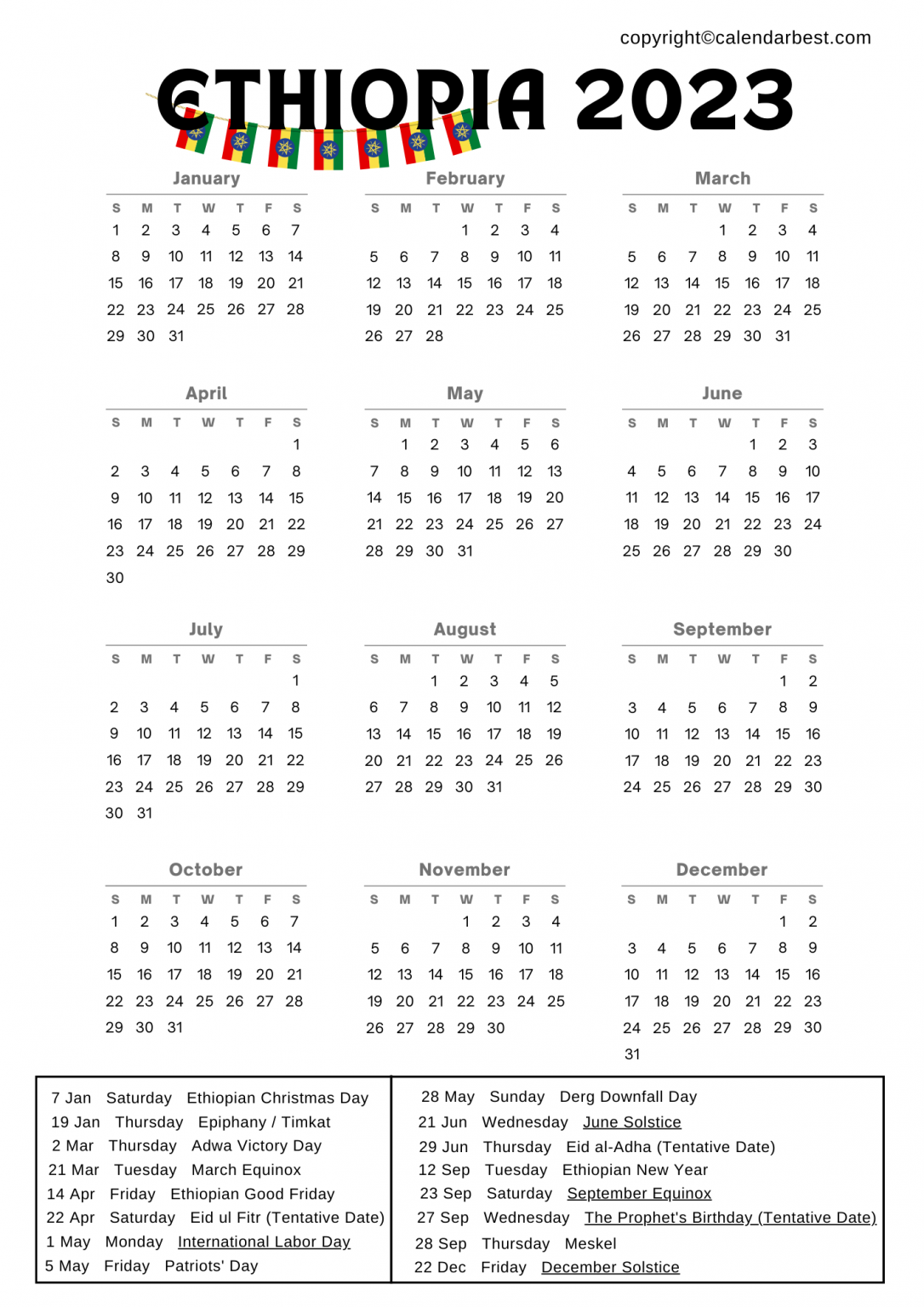 Ethiopia Calendar 2023 with Holidays Free Printable Calendar 2023