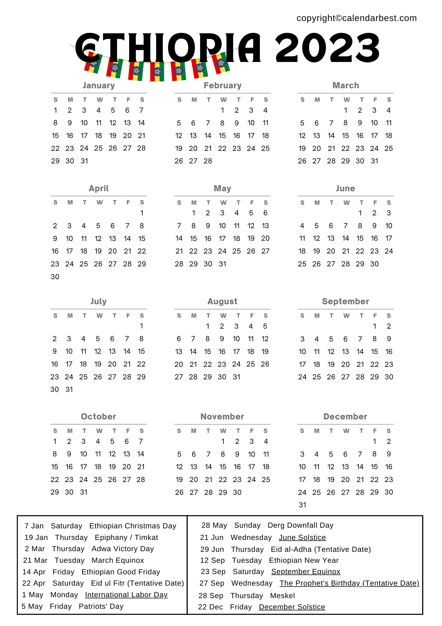 Ethiopia Calendar 2023 with Holidays Free Printable Calendar 2023