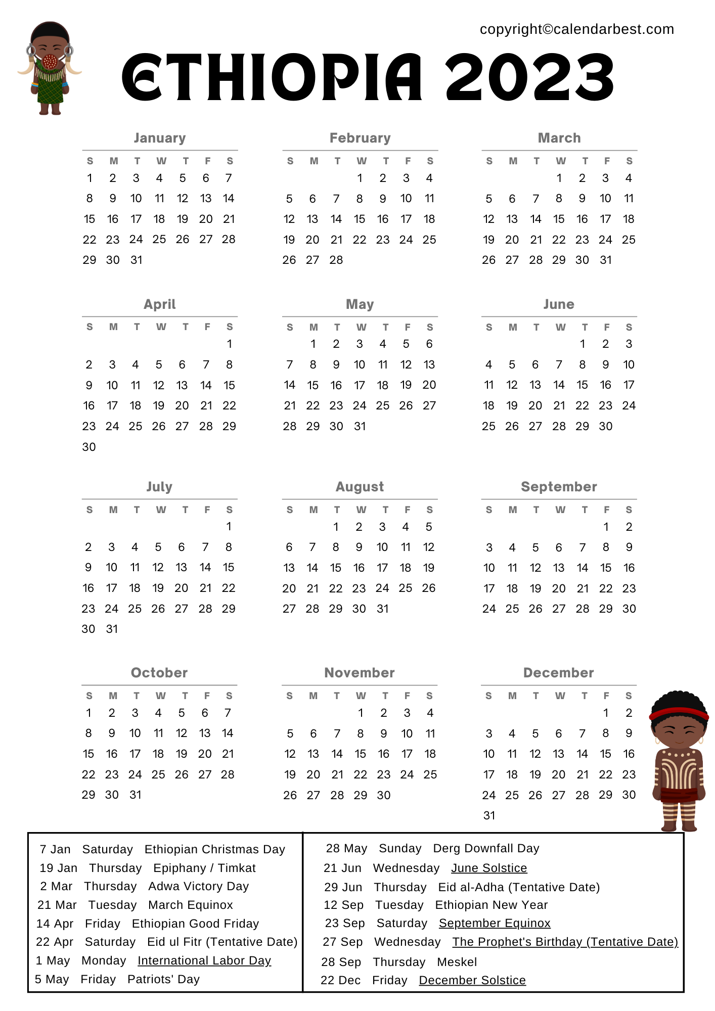 Ethiopia Calendar 2023 with Holidays Free Printable in PDF