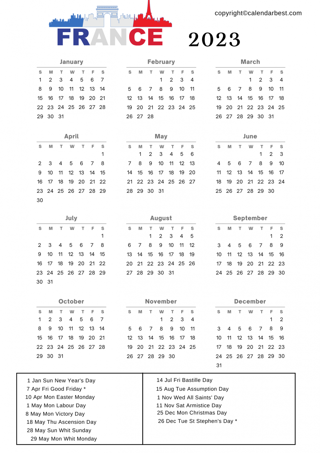 France Calendar 2023 with Holidays | Free Printable Calendar 2023