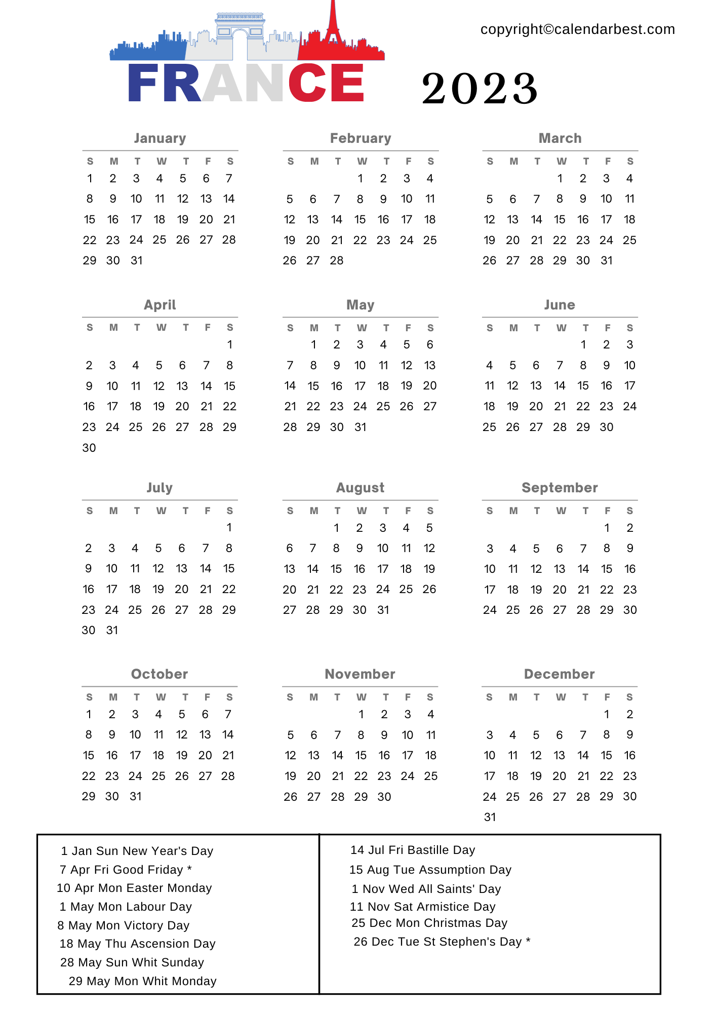France Calendar 2023 with Holidays Free Printable Calendar 2023