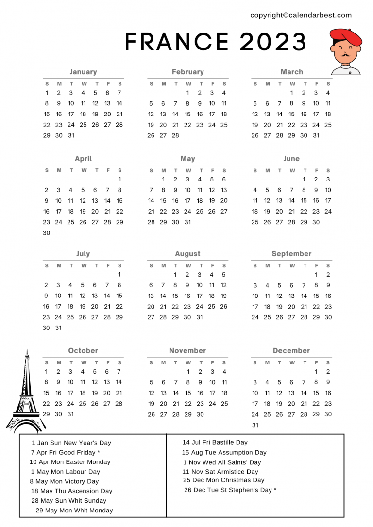 France Calendar 2023 with Holidays Free Printable in PDF