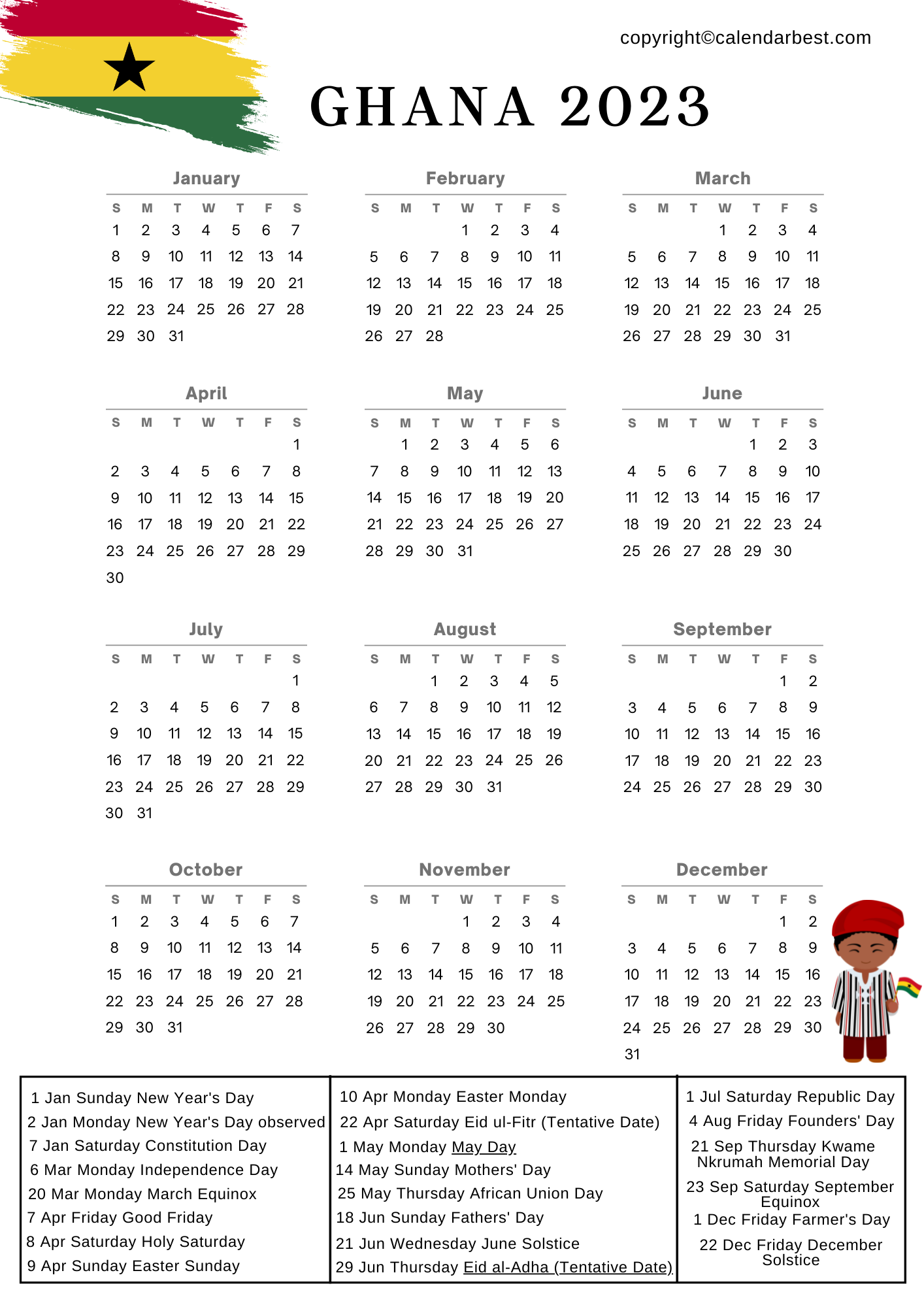Ghana Calendar 2023 with Holidays Free Printable in PDF