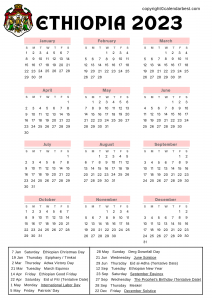 Printable 2023 Ethiopia Calendar