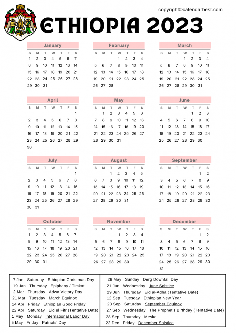 Ethiopia Calendar 2023 in PDF Free Printable Calendar 2023
