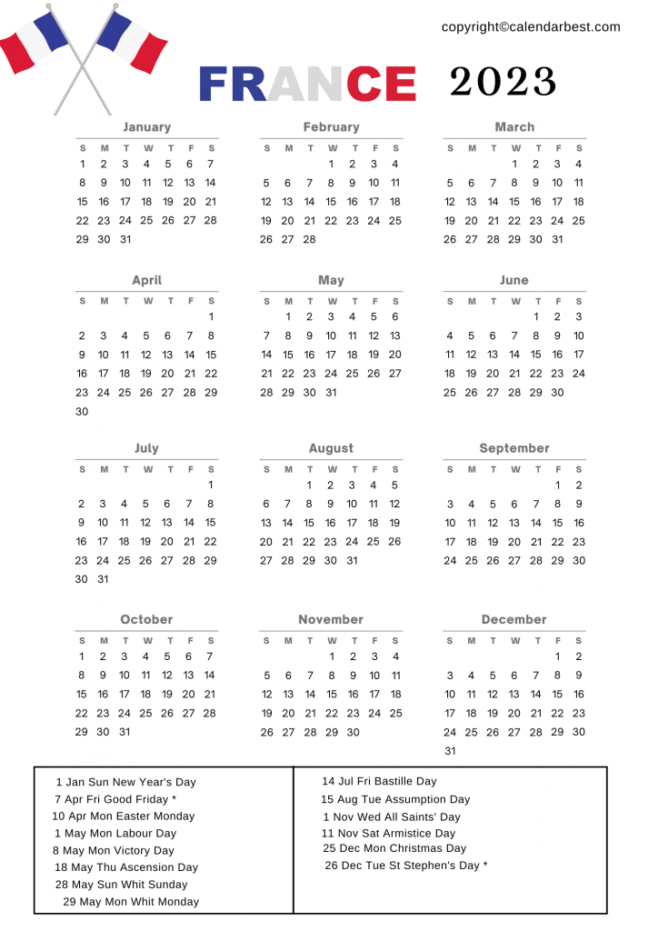 Printable 2023 France Calendar