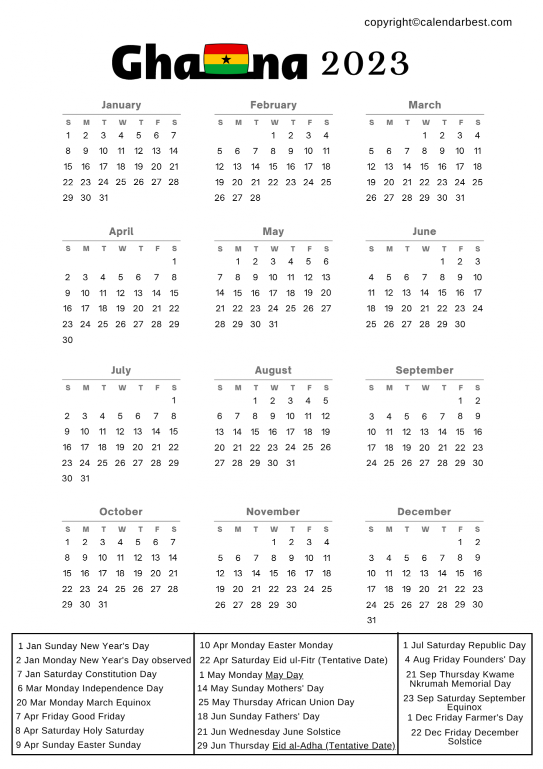 Ghana Calendar 2023 with Holidays Free Printable in PDF