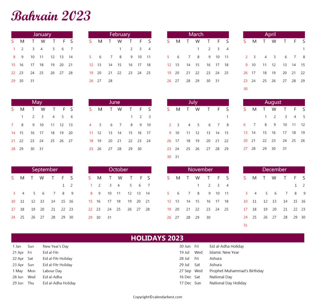 Bahrain Calendar 2023 with Holidays - Free Printable in PDF