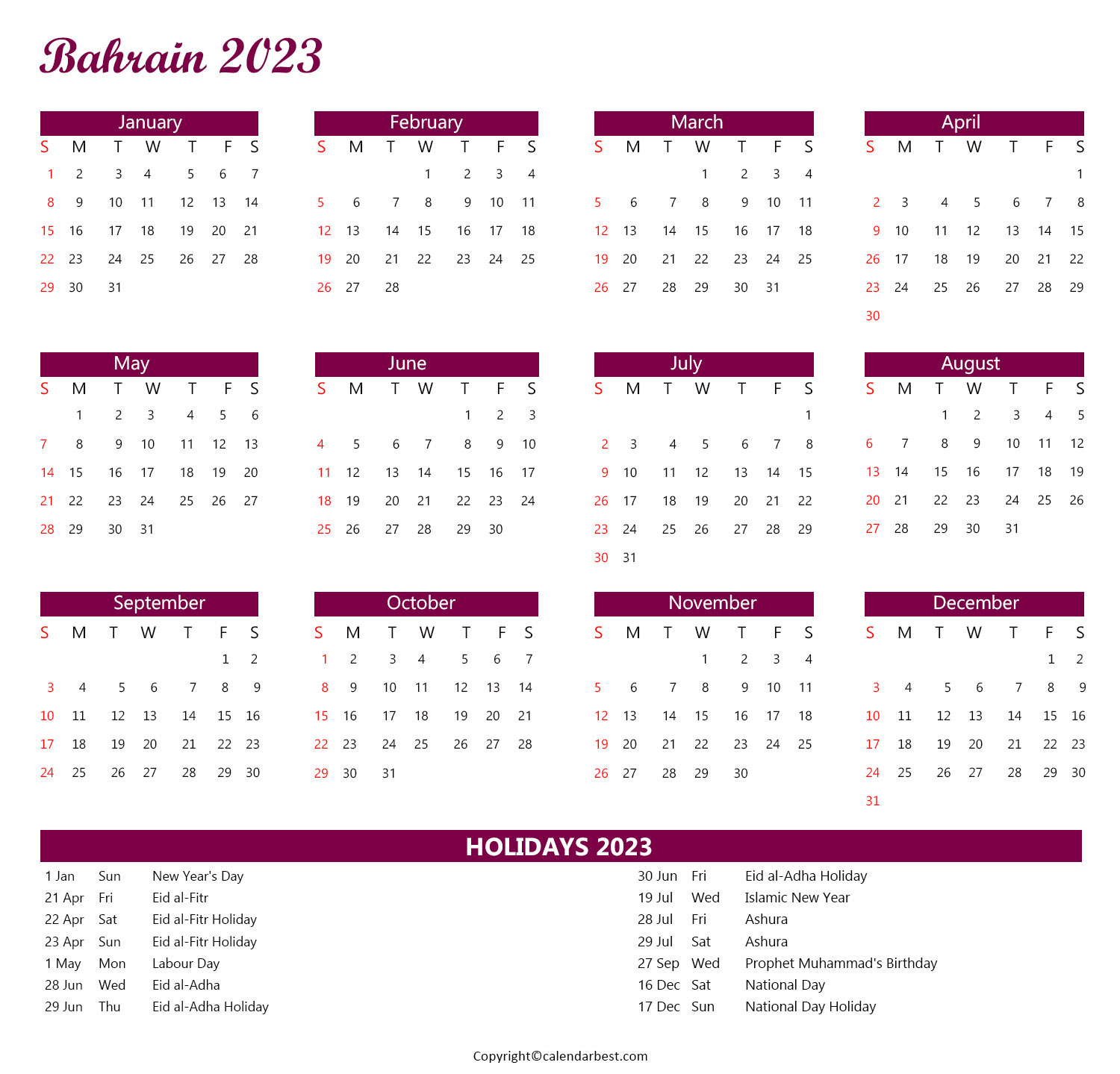 Bahrain Calendar 2023 with Holidays
